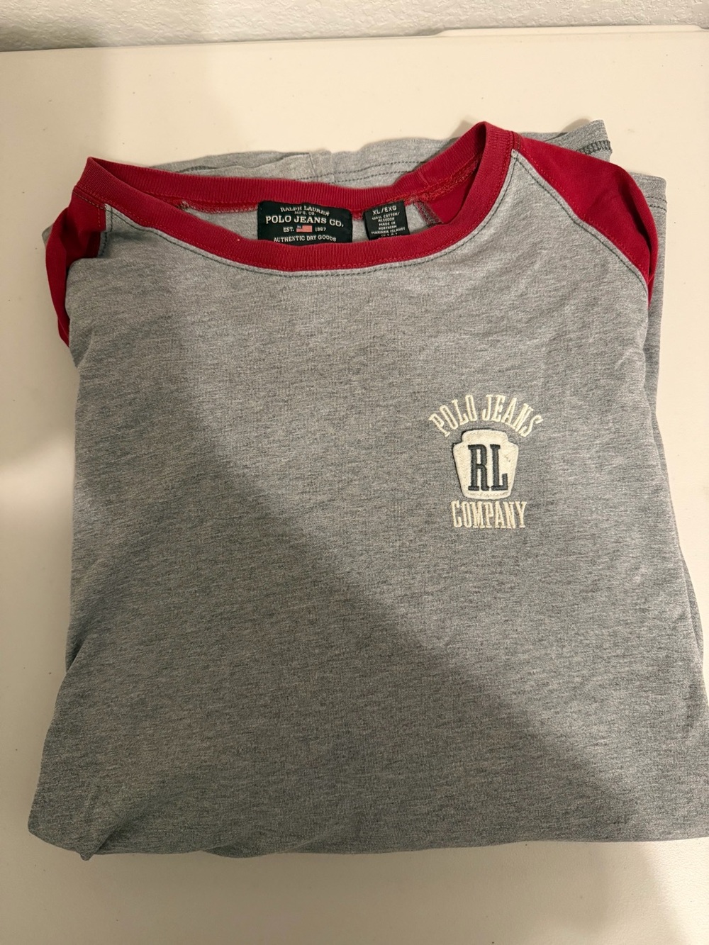 Vintage Ralph Lauren Polo Jeans Co. Grey Tee with Red Raglan Accents